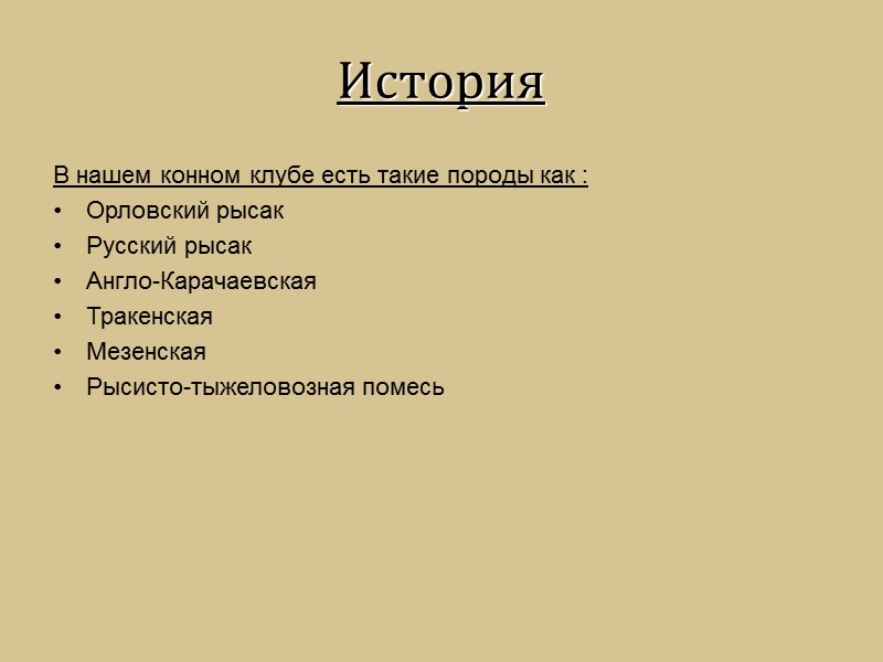 История В нашем конном клубе есть такие породы как : Орловский рысак Русский рысак